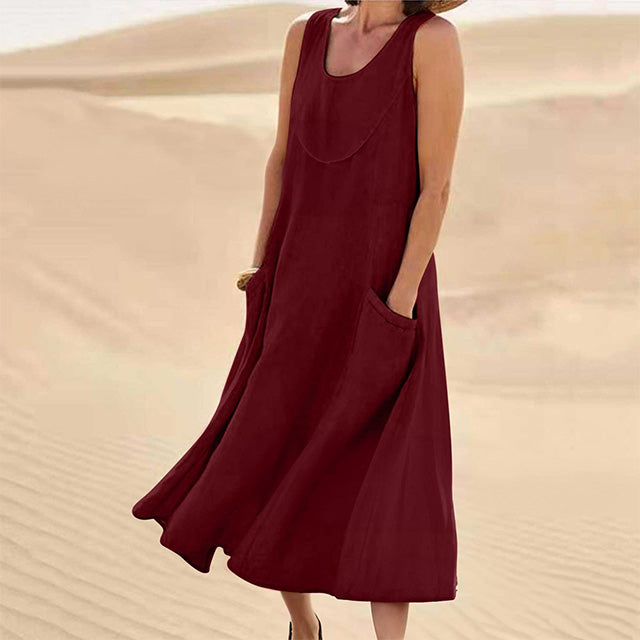 Sleeveless Relaxed Linen Blend Maxi Dress with Pockets – Casual Summer Comfort