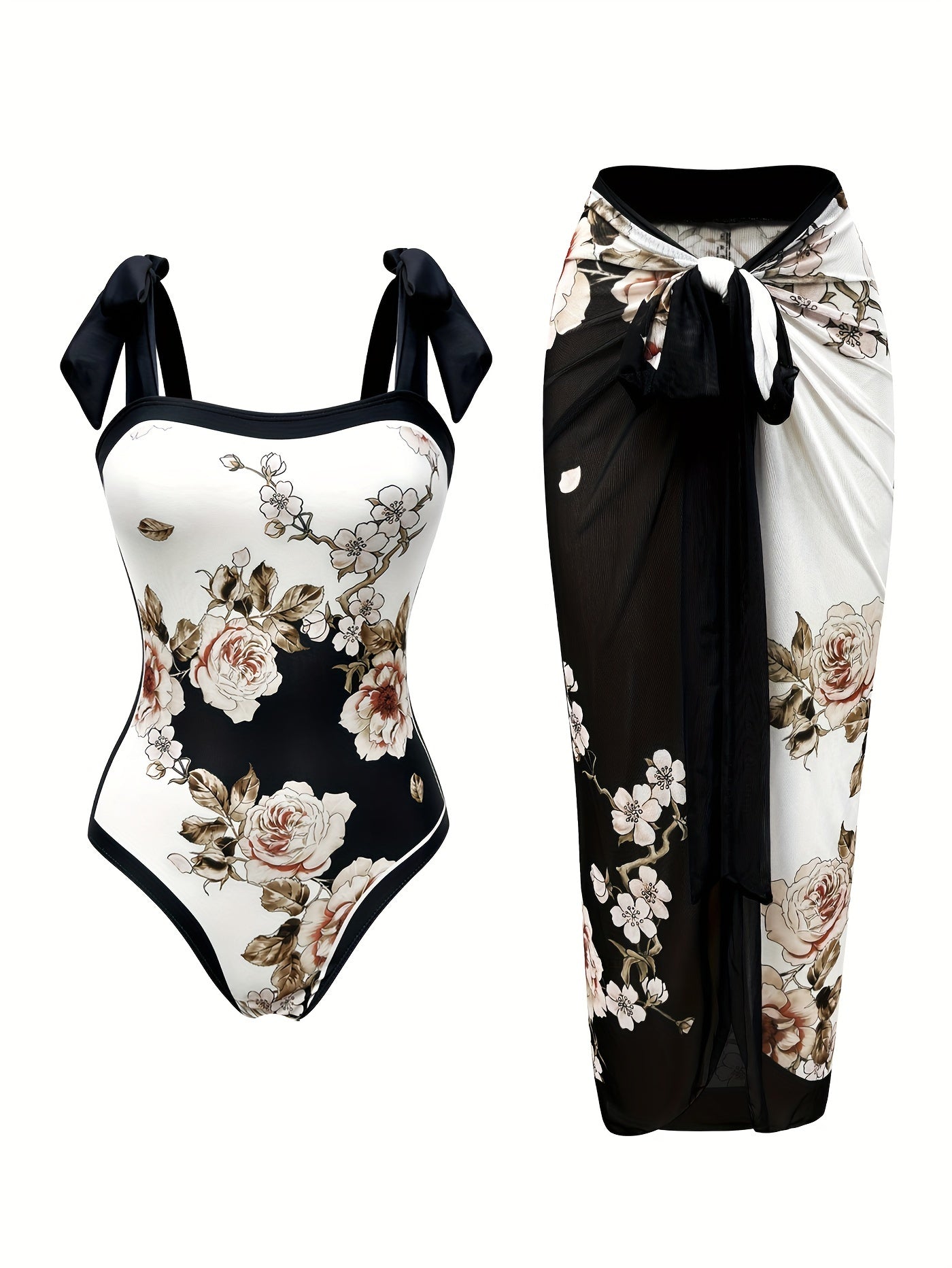 Floral One-Piece Swimsuit & Wrap Skirt Set – Elegant Beachwear