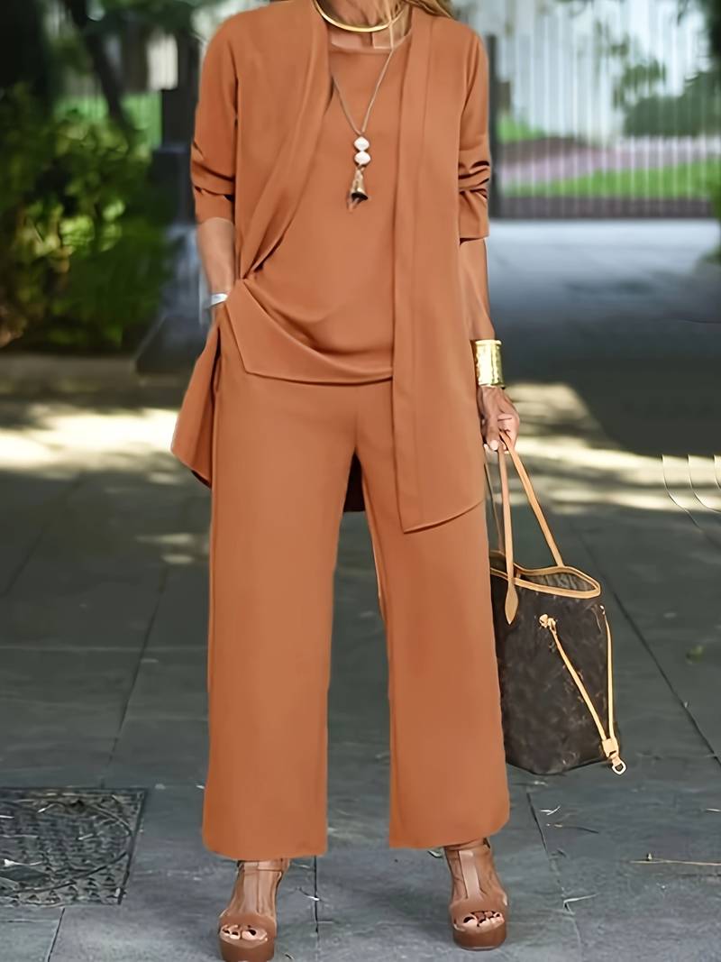 Women's Three-Piece Trouser Suit – Matching Set, Relaxed Fit Smart Casual Wear