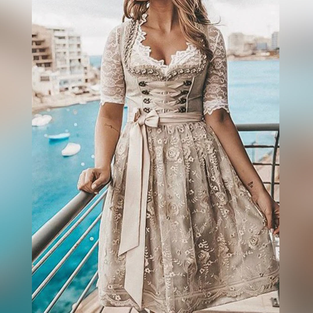 Women's Lace Dirndl Dress – Embroidered Bodice, Flattering Traditional Fit