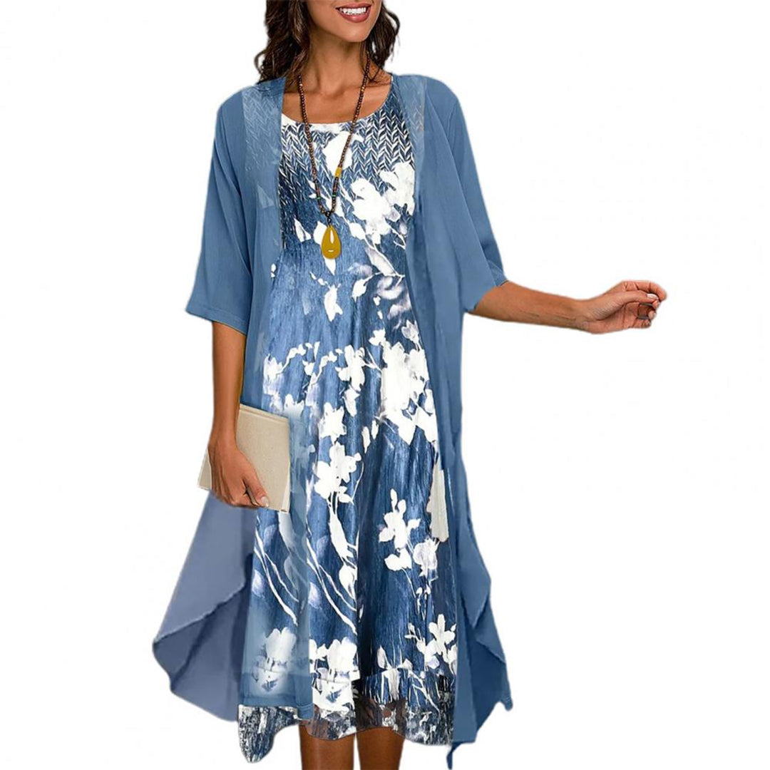 Women's Midi Dress Set – Floral Print Layer, Relaxed Fit for Holiday & Events