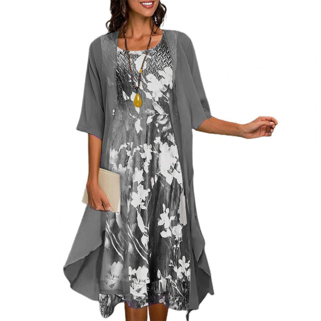 Women's Midi Dress Set – Floral Print Layer, Relaxed Fit for Holiday & Events