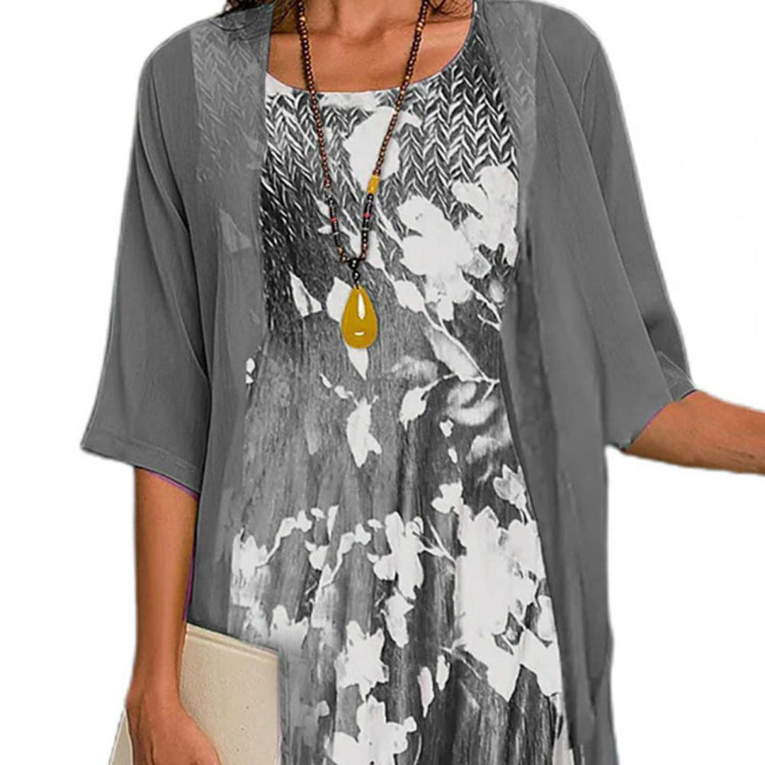 Women's Midi Dress Set – Floral Print Layer, Relaxed Fit for Holiday & Events