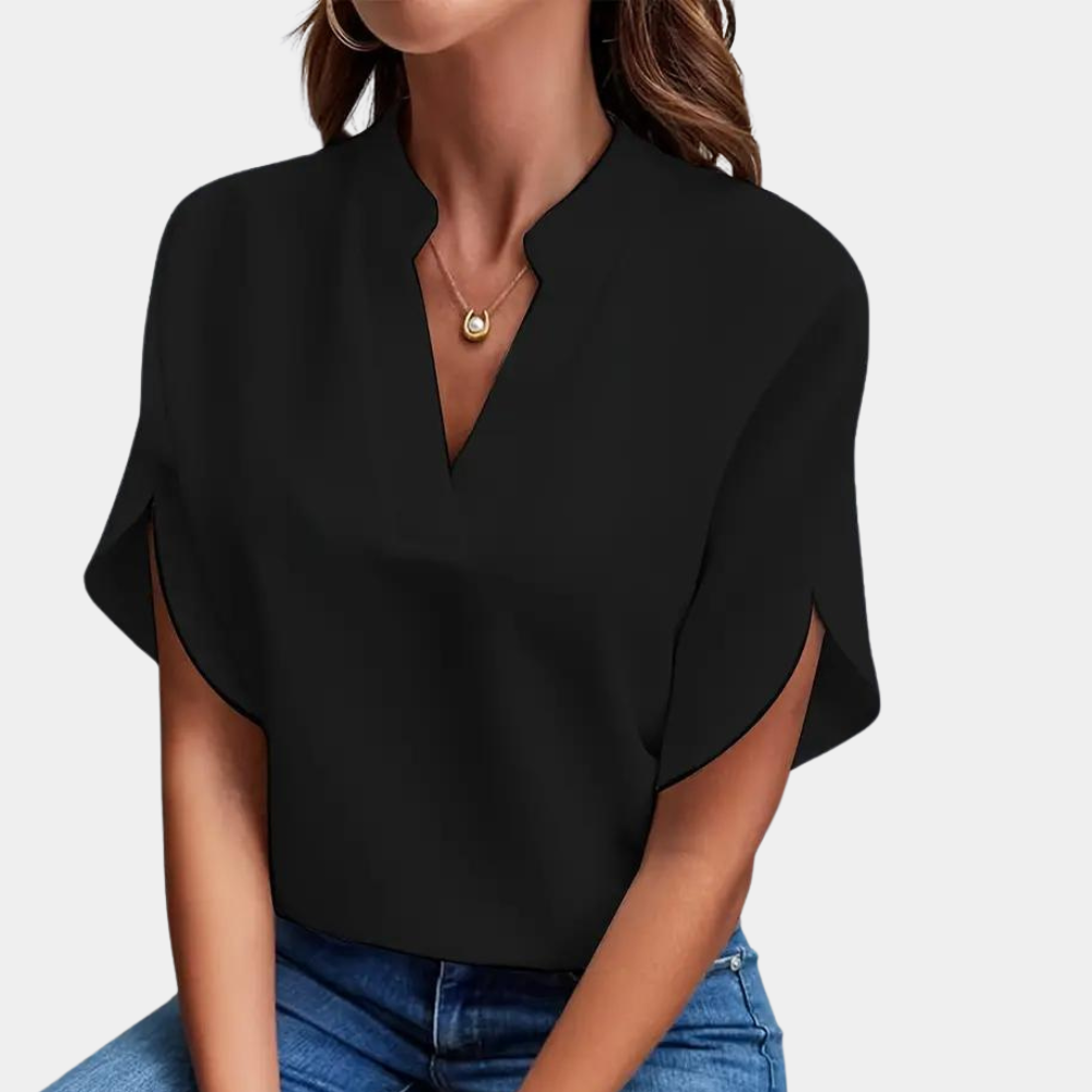 Short-Sleeve V-Neck Blouse - Relaxed Fit Lightweight Top