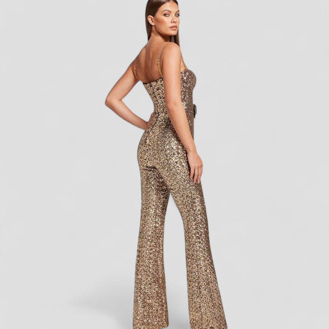 Women's Sequin Jumpsuit – Embellished Bustier, Flared Fit Occasionwear