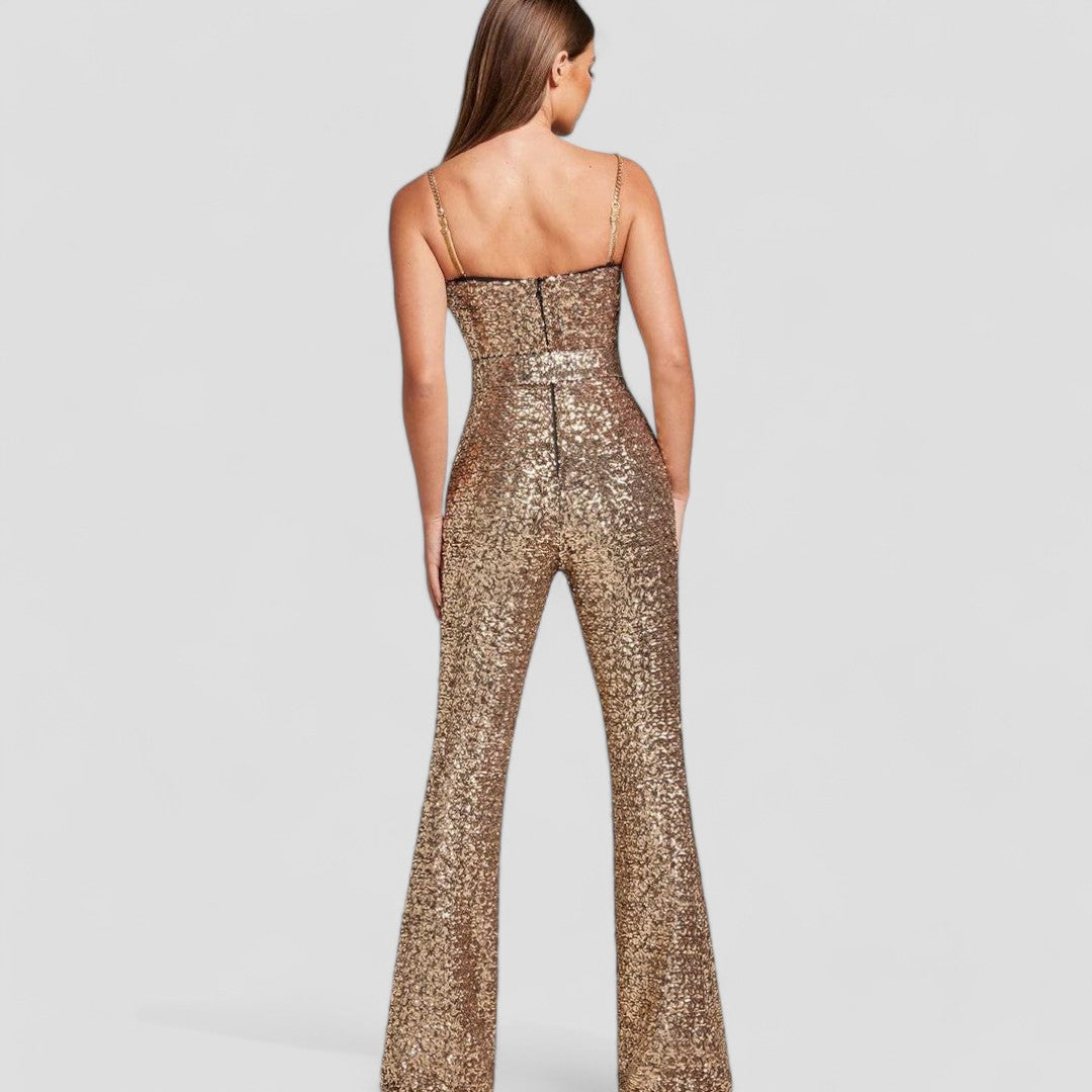 Women's Sequin Jumpsuit – Embellished Bustier, Flared Fit Occasionwear