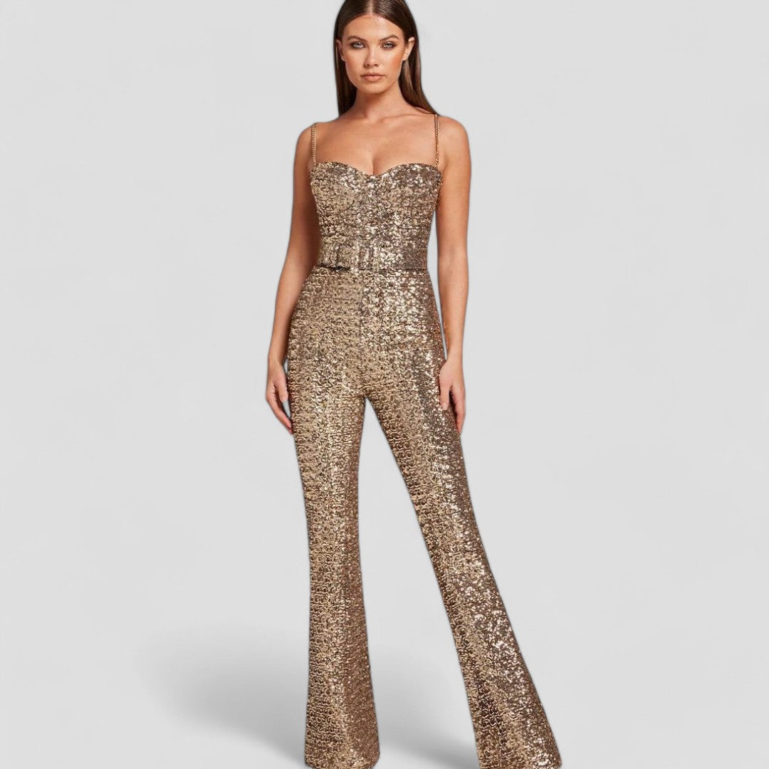 Women's Sequin Jumpsuit – Embellished Bustier, Flared Fit Occasionwear