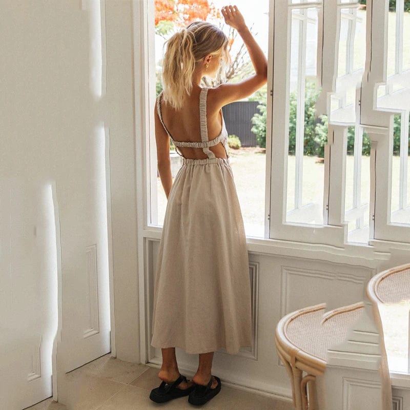 Sleeveless Cotton Maxi Dress - Square Neckline