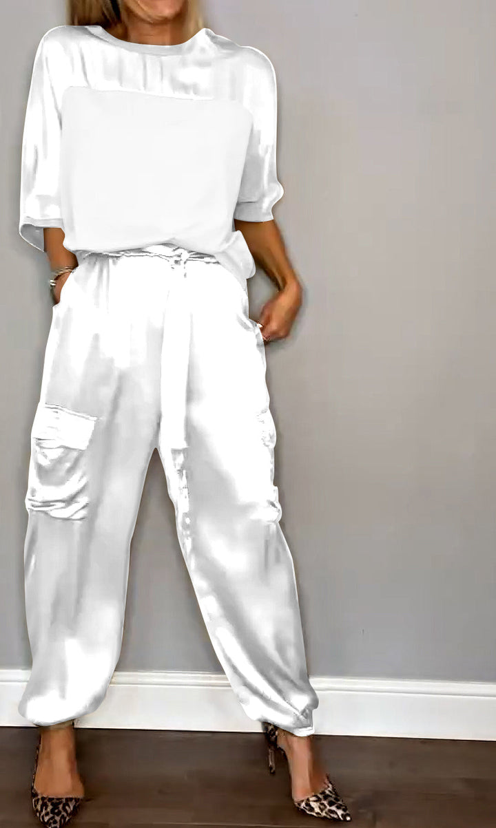 Women's Satin Co-ord – Cargo Trousers, Relaxed Fit Lounge Set