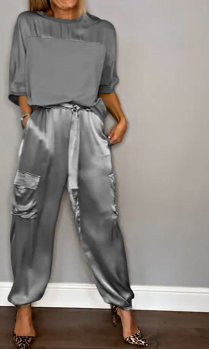 Women's Satin Co-ord – Cargo Trousers, Relaxed Fit Lounge Set