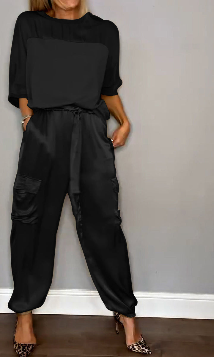 Women's Satin Co-ord – Cargo Trousers, Relaxed Fit Lounge Set