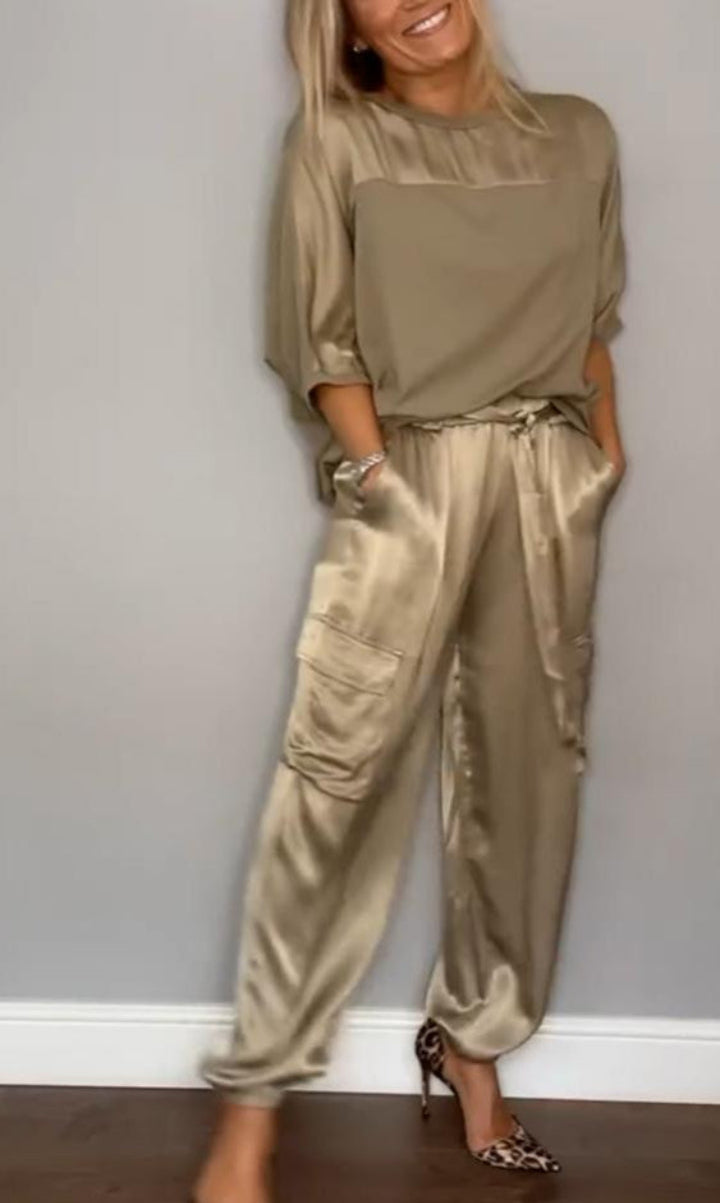 Women's Satin Co-ord – Cargo Trousers, Relaxed Fit Lounge Set
