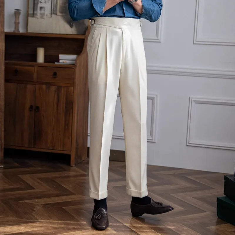 Men's Tailored Trousers – Double Pleated, High-Waist Smart Formal Wear