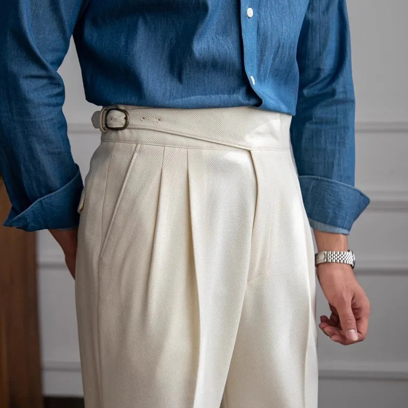 Men's Tailored Trousers – Double Pleated, High-Waist Smart Formal Wear