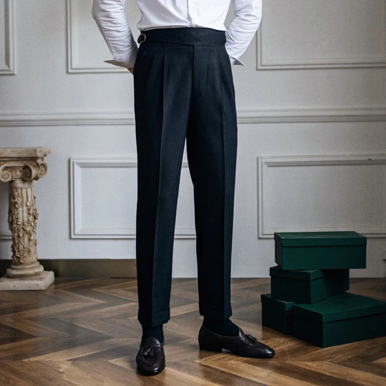 Men's Tailored Trousers – Double Pleated, High-Waist Smart Formal Wear