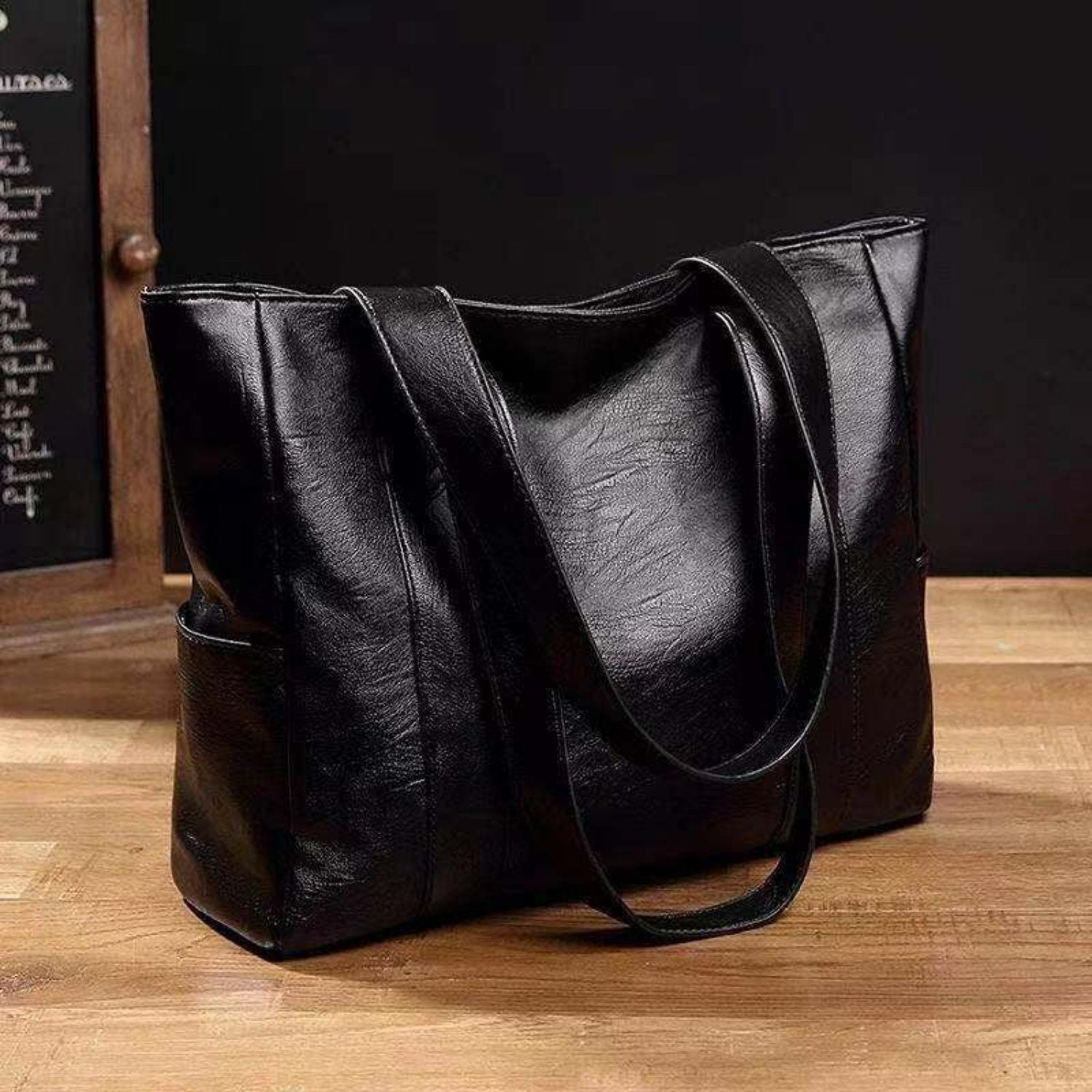Women's Leather Tote Bag with Side Pockets