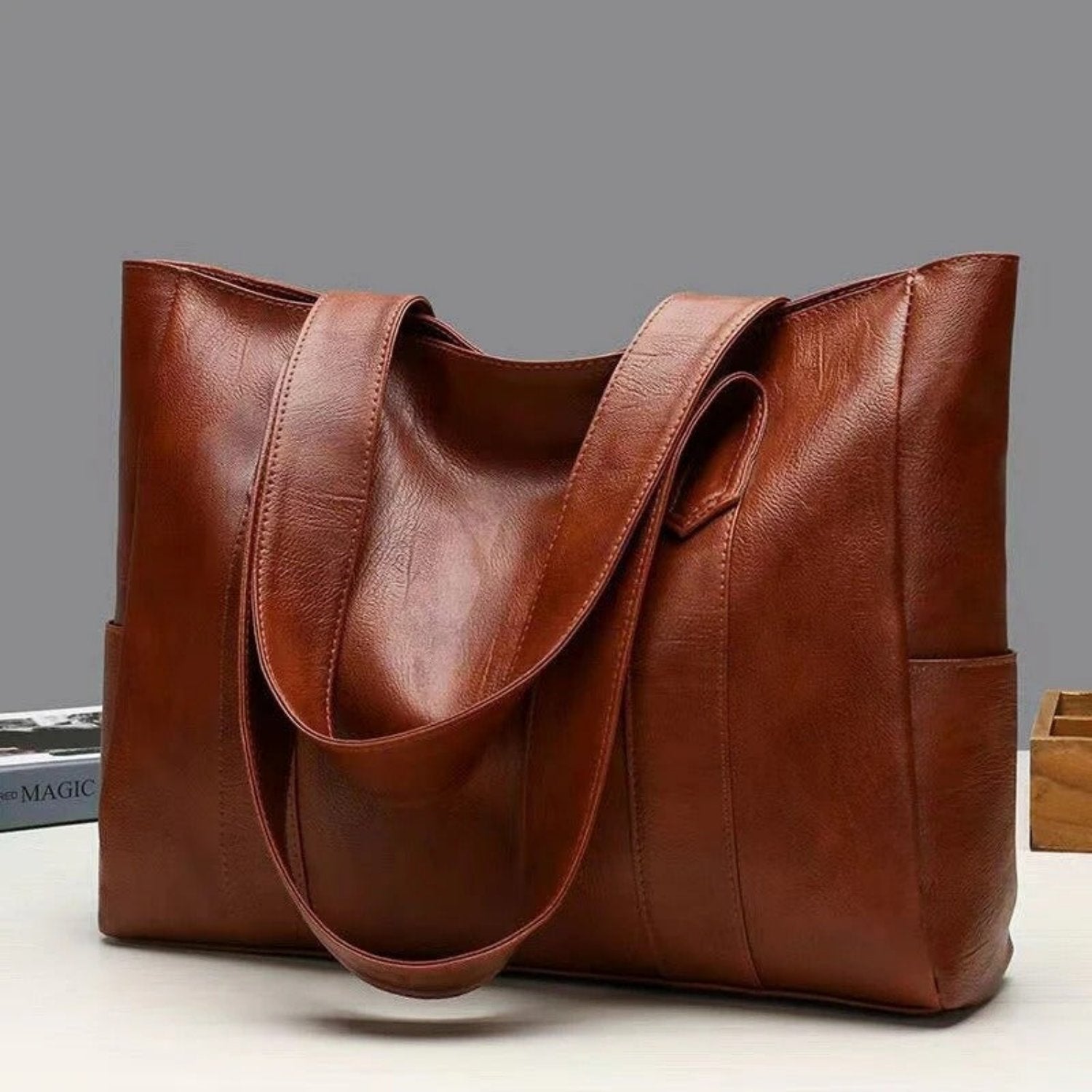 Women's Leather Tote Bag with Side Pockets