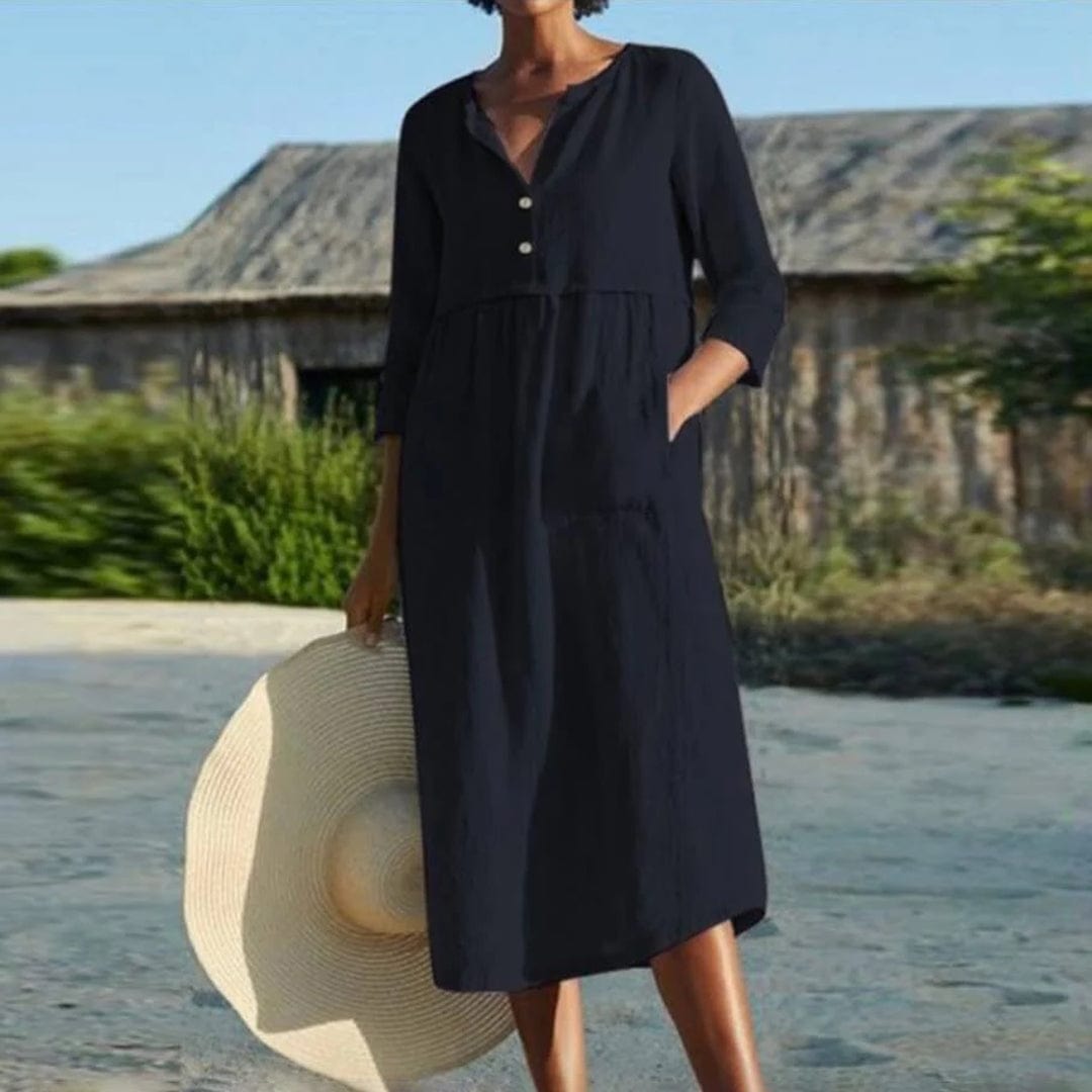 Relaxed Cotton V-Neck Midi Dress with Pockets – Casual Everyday Style