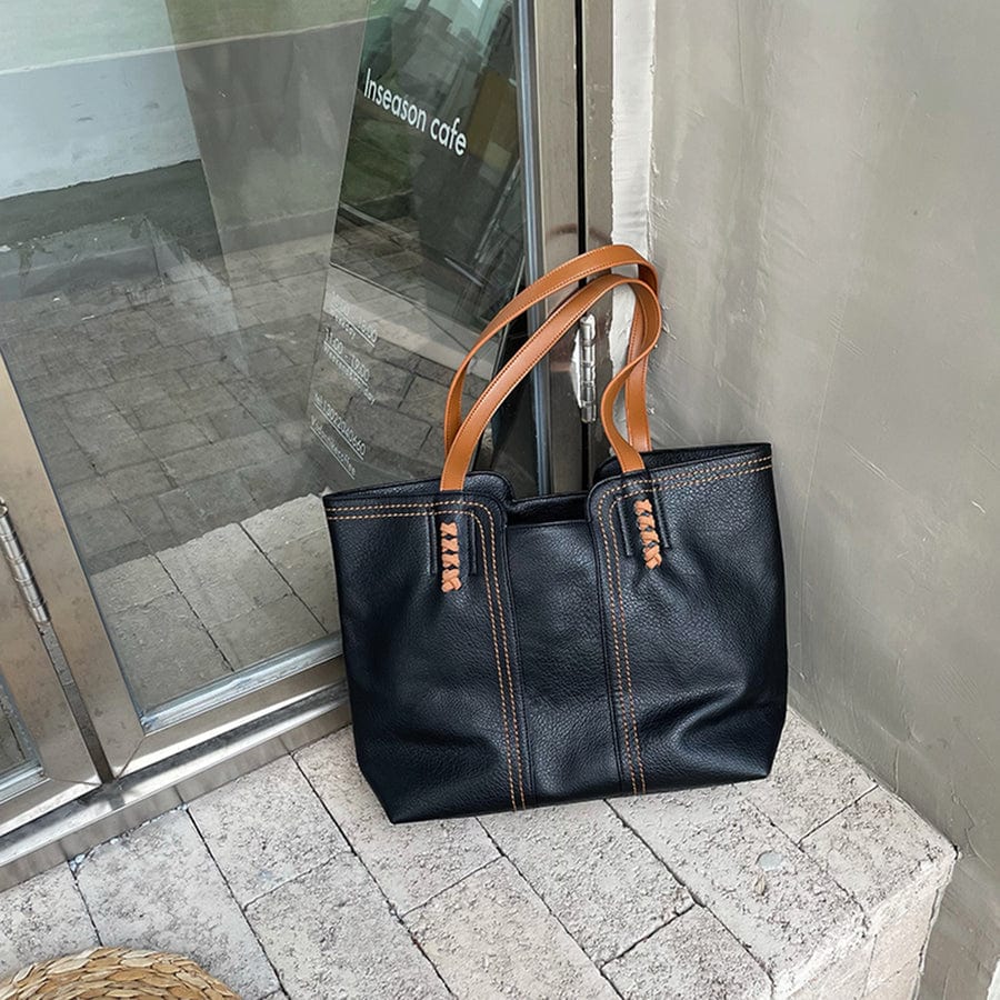 Two-Tone Faux Leather Tote – Spacious Shoulder Bag with Contrast Handles