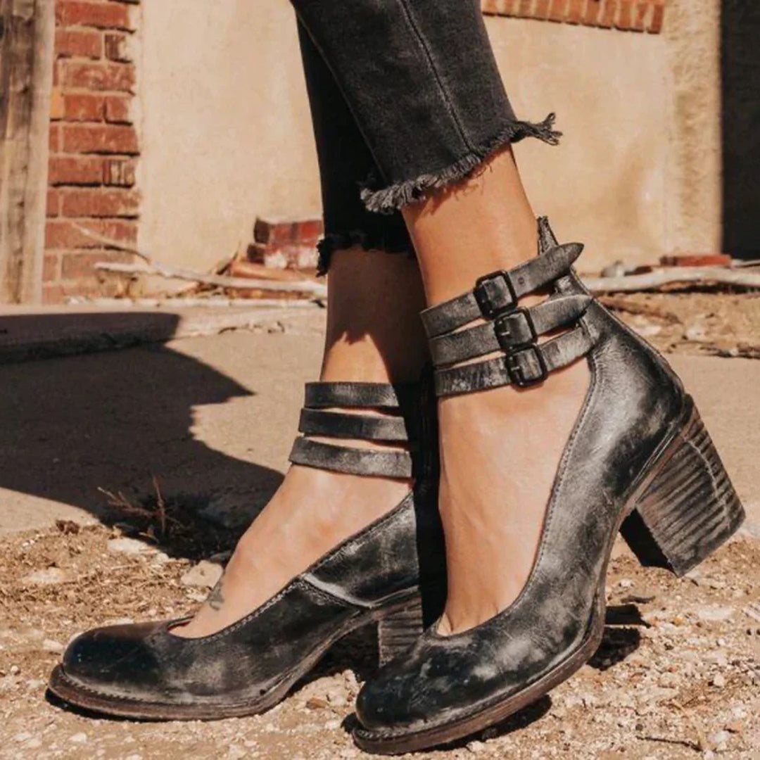 Women's Block Heel Shoes – Multi-Strap Buckle, Vintage Style Day to Night Heels