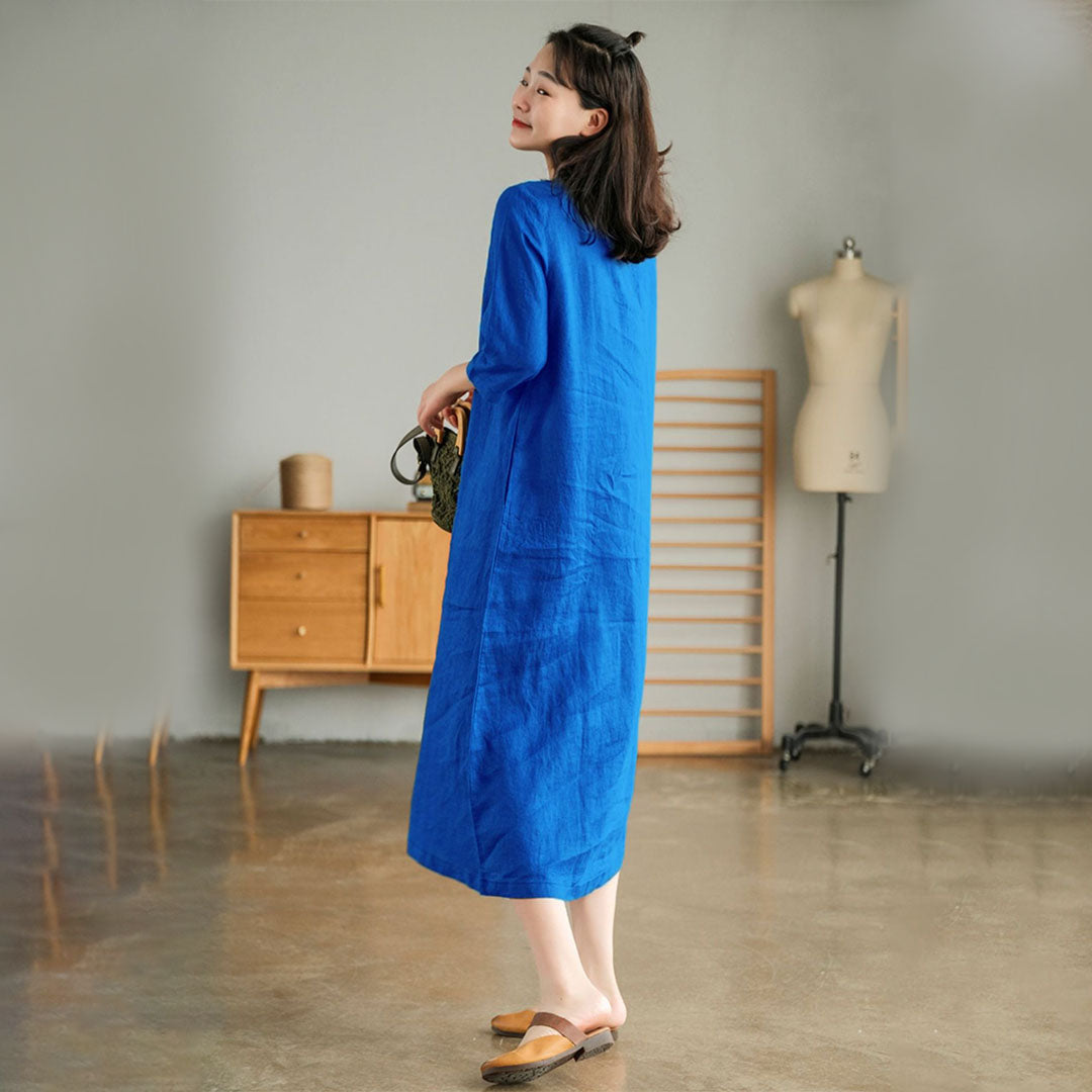 Cotton Blend Pintuck Midi Dress – Relaxed Fit with V-Neck and 3/4 Sleeves