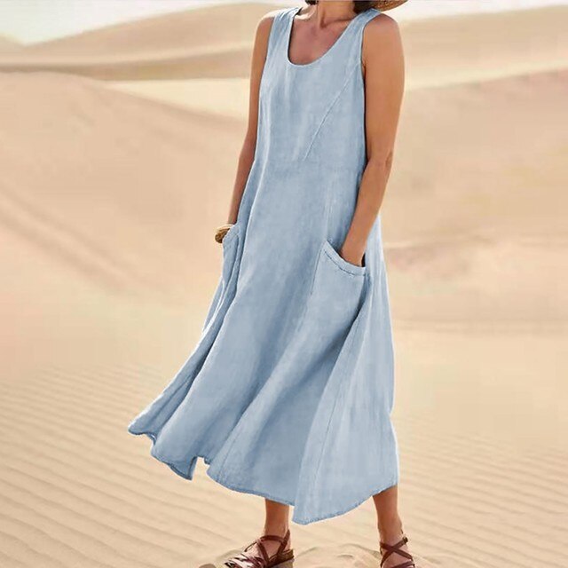 Sleeveless Relaxed Linen Blend Maxi Dress with Pockets – Casual Summer Comfort