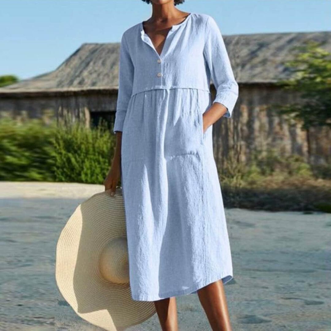 Relaxed Cotton V-Neck Midi Dress with Pockets – Casual Everyday Style