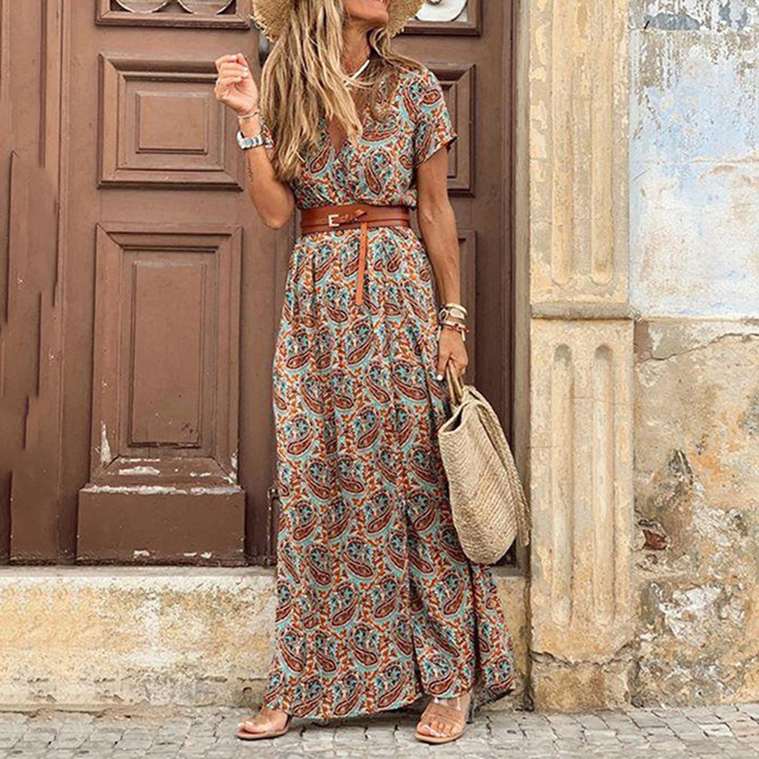Boho Floral Split Maxi Dress – Vintage V-Neck Summer Dress