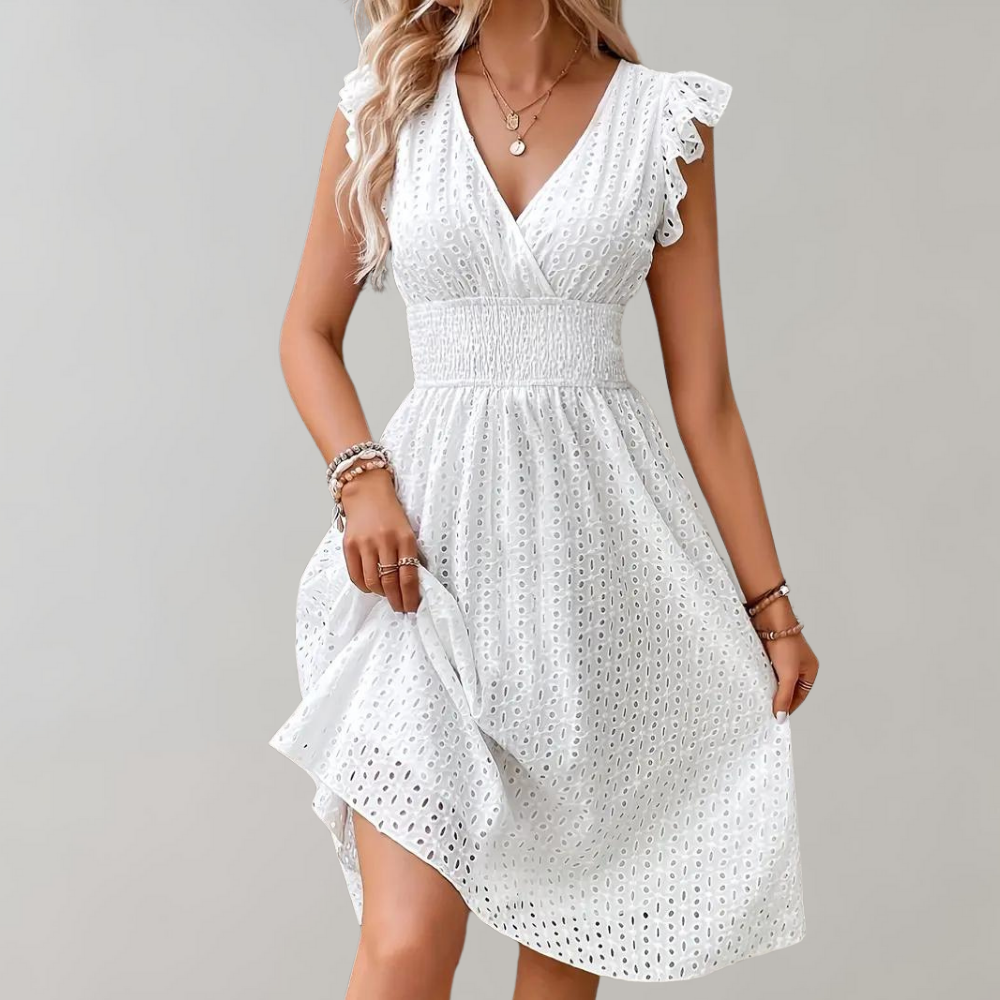 Ruffle Sleeve Eyelet A-Line Mini Dress – Summer Casual Chic