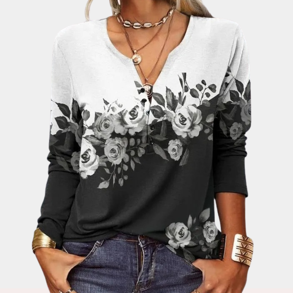 Women's Henley Top – Paisley Print, Relaxed Casual Wear