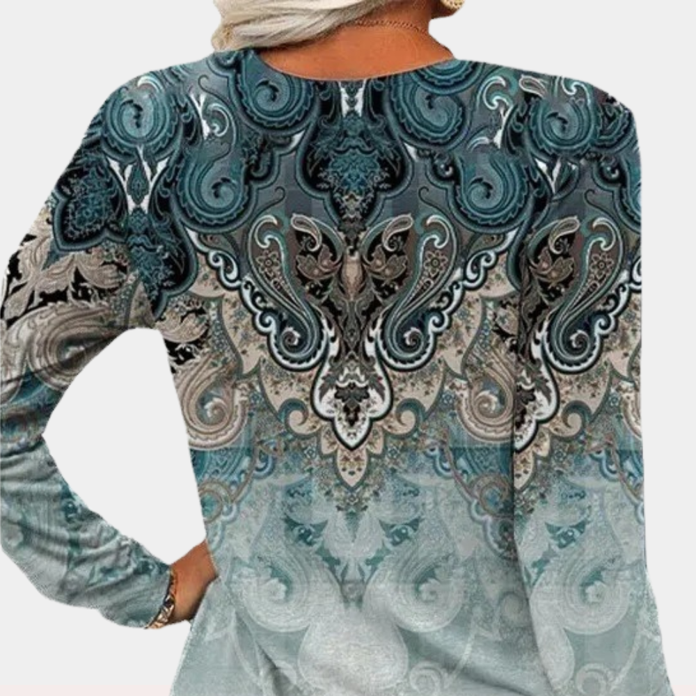 Women's Henley Top – Paisley Print, Relaxed Casual Wear