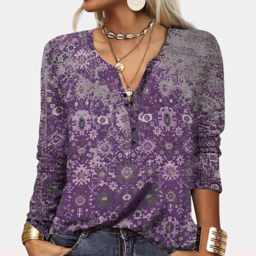 Women's Henley Top – Paisley Print, Relaxed Casual Wear
