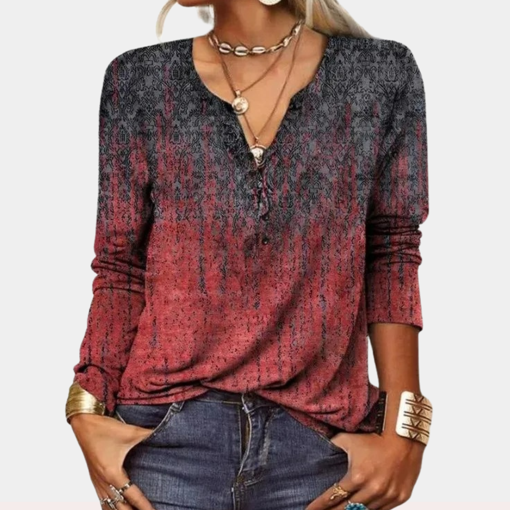 Women's Henley Top – Paisley Print, Relaxed Casual Wear