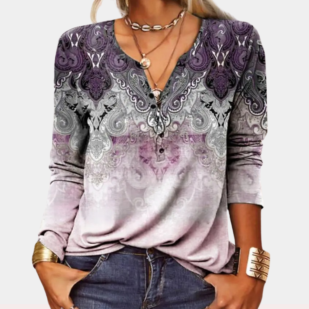 Women's Henley Top – Paisley Print, Relaxed Casual Wear