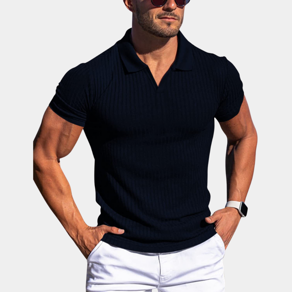 Men's Knitted Polo Shirt – Ribbed Design, Slim Fit Smart Casual Top