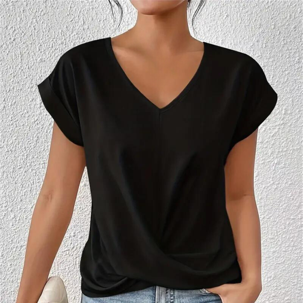 Women's V-Neck Blouse – Draped Front Detail, Relaxed Fit Office to Weekend