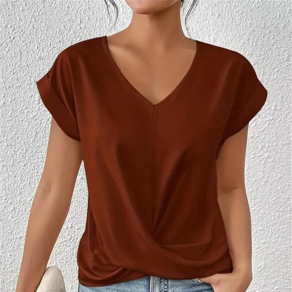 Women's V-Neck Blouse – Draped Front Detail, Relaxed Fit Office to Weekend