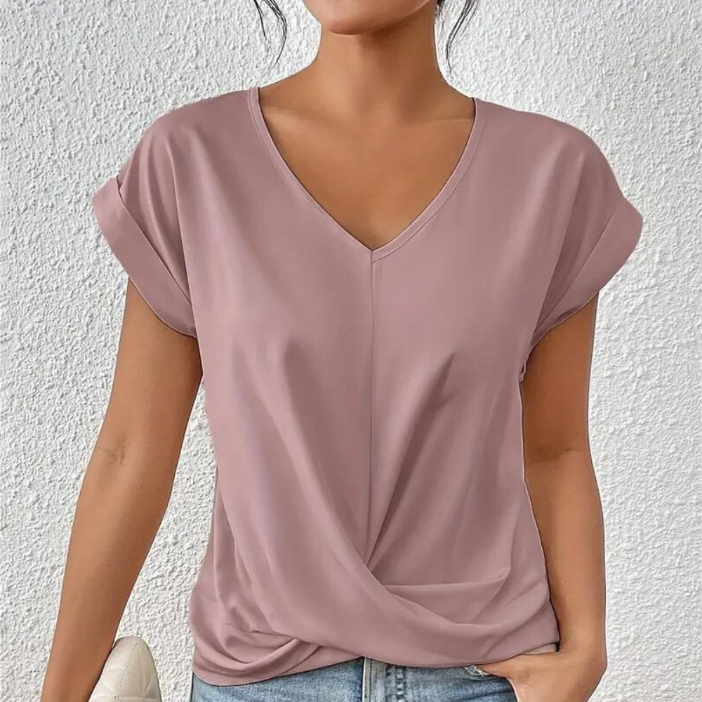 Women's V-Neck Blouse – Draped Front Detail, Relaxed Fit Office to Weekend