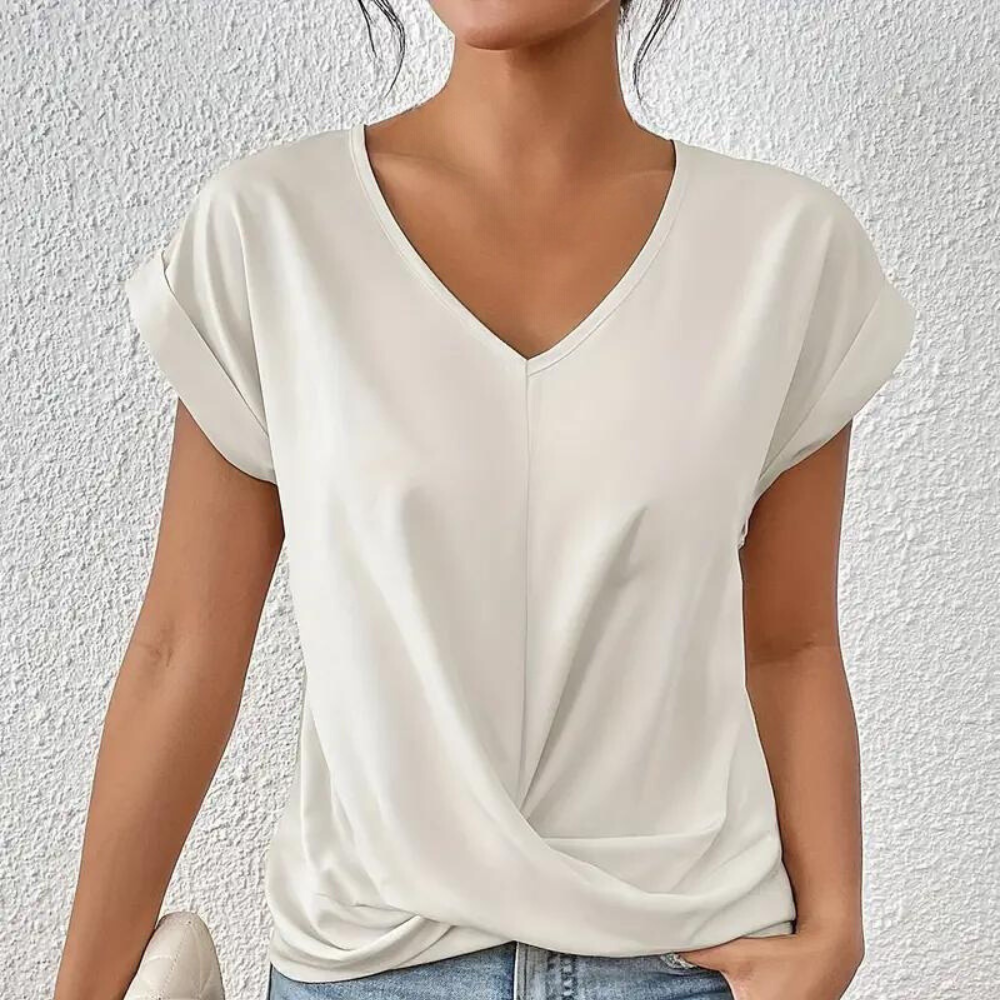 Women's V-Neck Blouse – Draped Front Detail, Relaxed Fit Office to Weekend