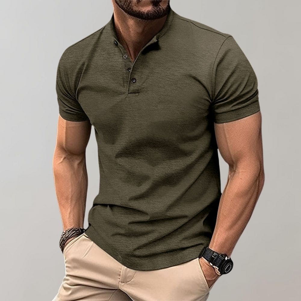 Men's Grandad Collar T-Shirt – Button Neck, Muscle Fit Smart Casual Top