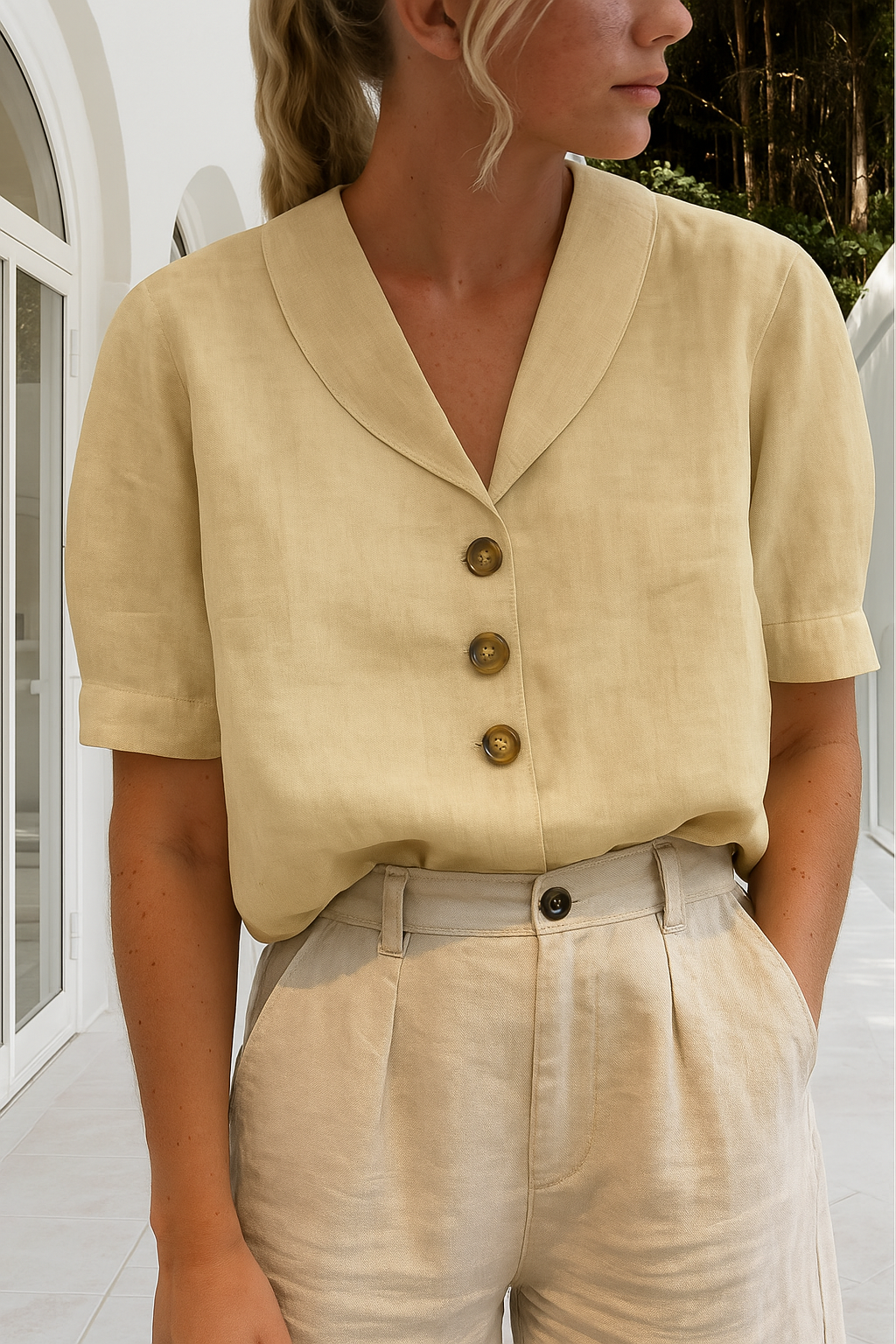 Women's Linen-Look Blouse – Lapel Collar, Relaxed Fit Holiday Top