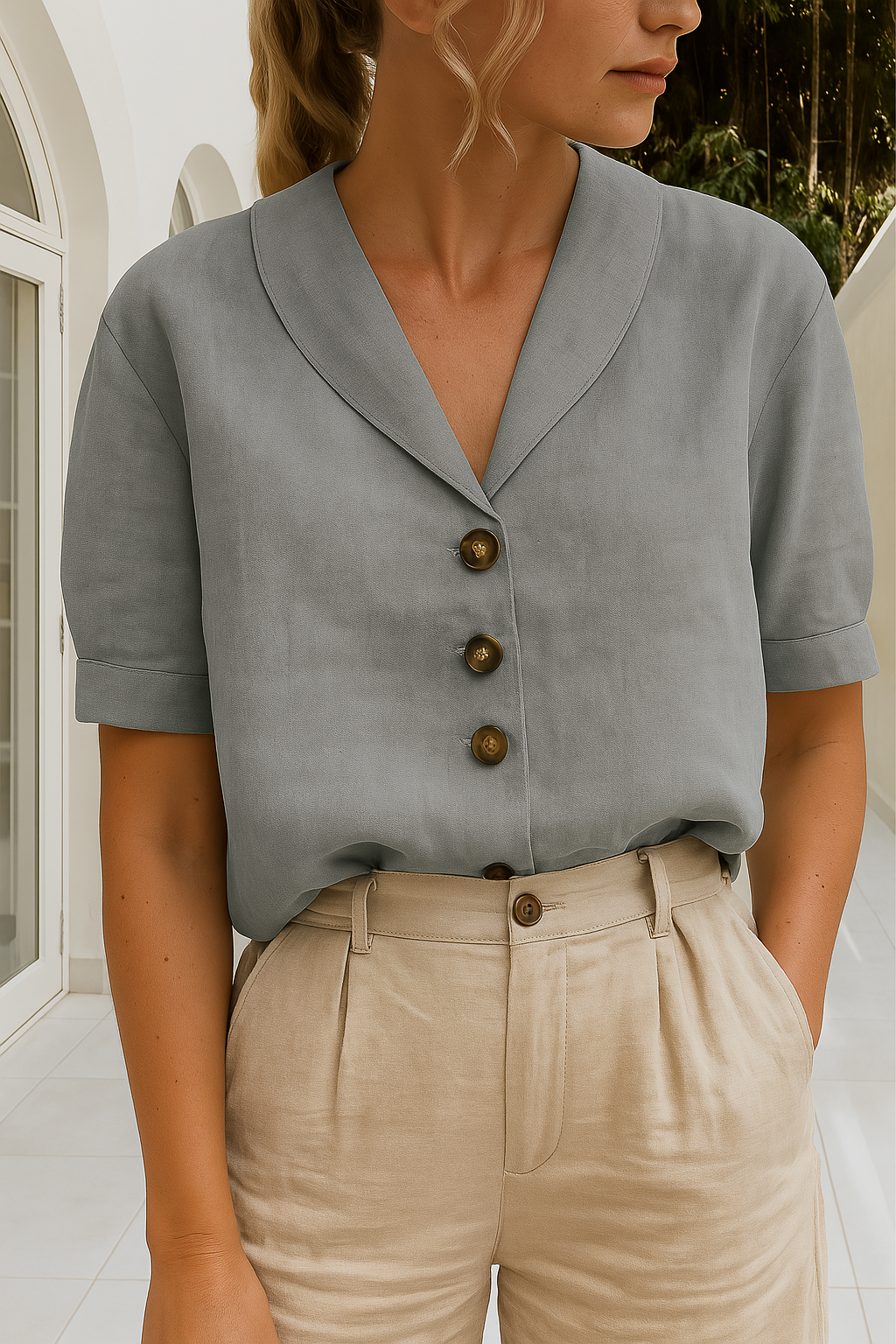 Women's Linen-Look Blouse – Lapel Collar, Relaxed Fit Holiday Top