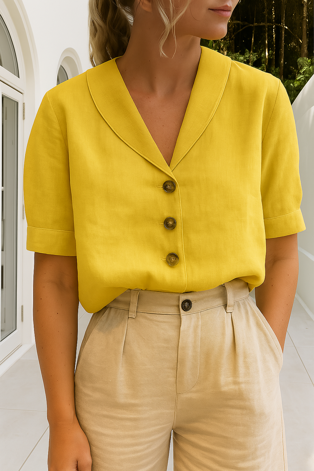 Women's Linen-Look Blouse – Lapel Collar, Relaxed Fit Holiday Top