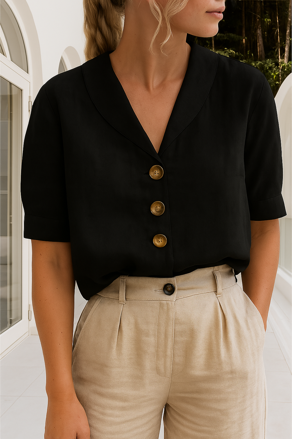 Women's Linen-Look Blouse – Lapel Collar, Relaxed Fit Holiday Top
