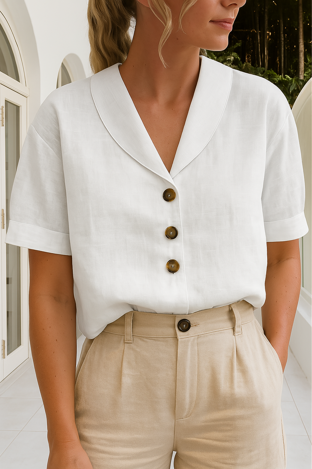 Women's Linen-Look Blouse – Lapel Collar, Relaxed Fit Holiday Top
