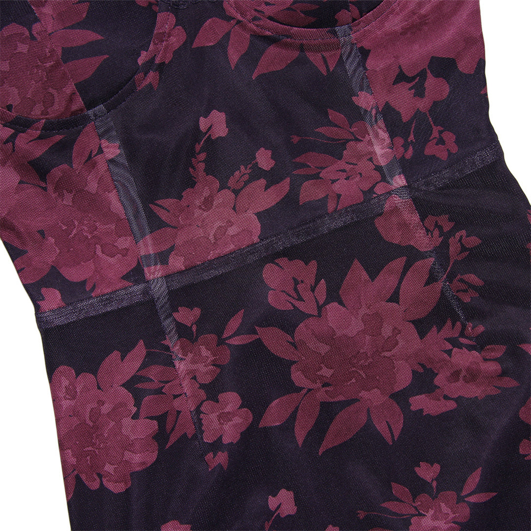Sheer Floral Mesh Bodycon Dress – Lace-Trim Maxi with Spaghetti Straps