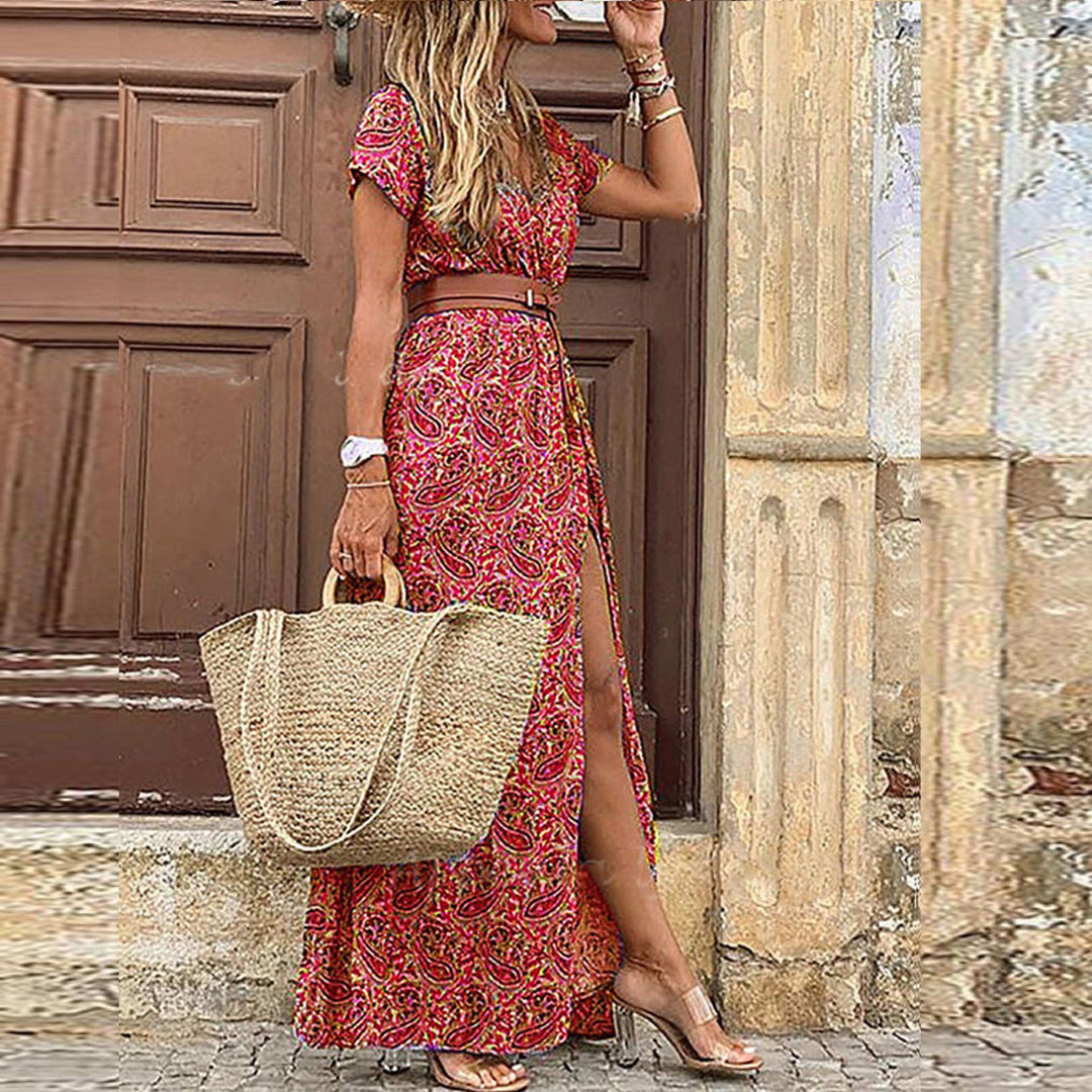 Boho Floral Split Maxi Dress – Vintage V-Neck Summer Dress
