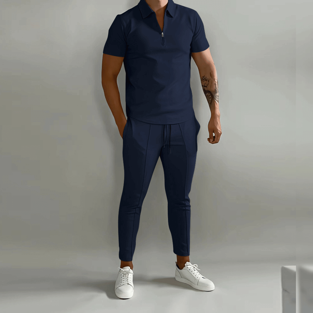 Men's Tracksuit – Zip Neck Polo & Pintuck Trousers, Slim Fit Smart Casual Set