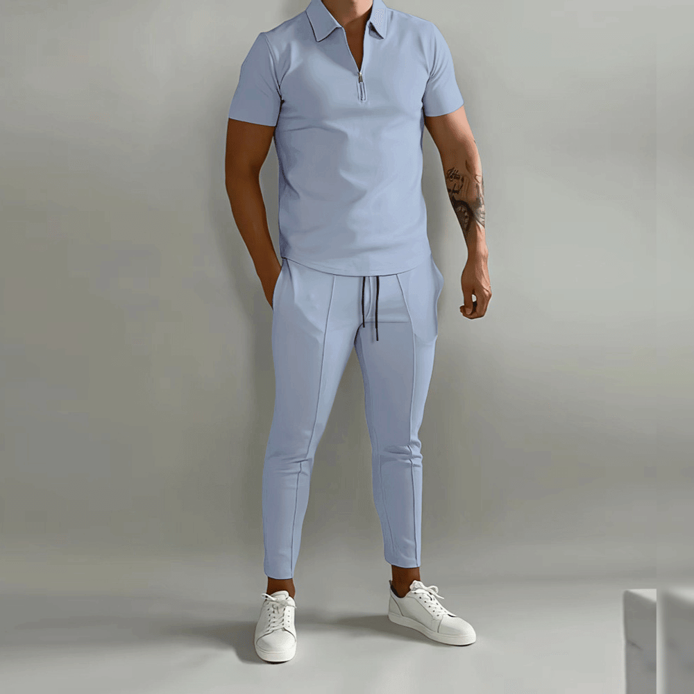 Men's Tracksuit – Zip Neck Polo & Pintuck Trousers, Slim Fit Smart Casual Set