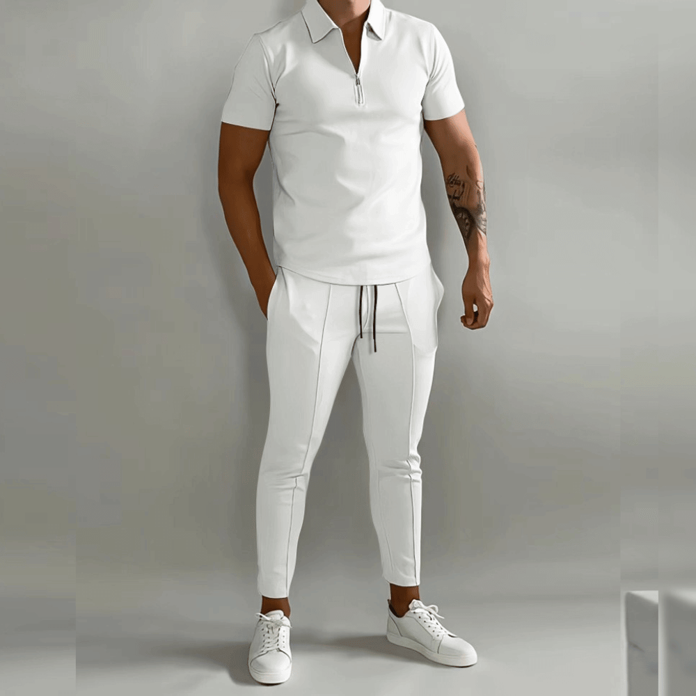Men's Tracksuit – Zip Neck Polo & Pintuck Trousers, Slim Fit Smart Casual Set